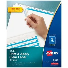 Avery 5 Tab Dividers for 3 Ring Binder, Easy Print & Apply Clear Label Strip, Index Maker Customizable White Tabs, 50 Sets (11556)