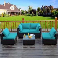 5 Pieces Cushioned Patio Rattan Furniture Set with Glass Table Turquoise