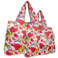 Wrapables Large & Small Foldable Tote Nylon Reusable Grocery Bags, Set of 2 Red Floral Gray Bird