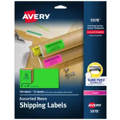 Avery Neon Shipping Labels with Sure Feed for Laser Printers, 2"x4", Assorted Colors, 150 Labels (5978)