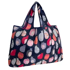 Wrapables Large Foldable Tote Nylon Reusable Grocery Bags Stylish Kitties