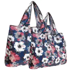 Wrapables Large & Small Foldable Tote Nylon Reusable Grocery Bags, Set of 2 Poppies