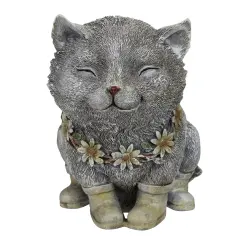 Roman 7.75" Gray and White Outdoor Pudgy Cat in Rain Boots Garden Statue