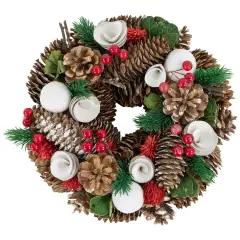 Northlight White Wooden Rose, Pine Cone and Berry Artificial Christmas Wreath, 10-Inch, Unlit Brown