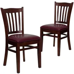 Emma and Oliver 2 Pack Vertical Slat Back Wooden Restaurant Chair BurgundyVYL/Mahogany