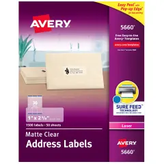 Avery Matte Clear Address Labels, Sure Feed Technology, Laser, 1" x 2-5/8", 1,500 Labels (5660)