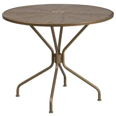Emma and Oliver Commercial Grade 35.25" Round Colorful Metal Garden Patio Table with Umbrella Hole Gold