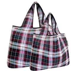 Wrapables Large & Small Foldable Tote Nylon Reusable Grocery Bags, Set of 2 Red Plaid