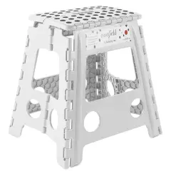 Casafield 16" Folding Step Stool with Handle, White - Portable Collapsible Small Plastic Foot Stool for Adults - Use in the Kitchen, Bathroom and Bedroom