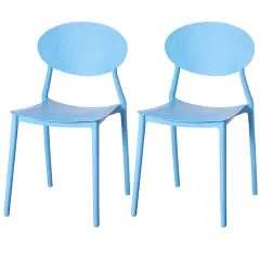 Modern Plastic Outdoor Dining Chair with Open Oval Back Design Set of 2 Blue