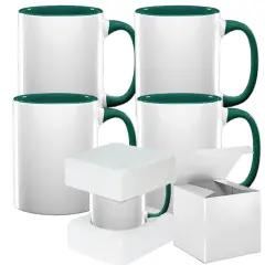 Hunter Green Mug Set - 4 Pack (15oz) | Hunter Green Interior | Individually Packaged | Foam Support Boxes