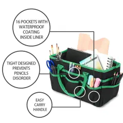 Craft and Art Organizer Tote Bag - 600D Green Nylon Fabric Art Caddy with Pockets - for Art, Craft, Sewing, Medical, and Office Supplies Storage