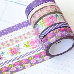 Purple Flowers & Stripes Spring Floral Washi Tape Set (#W046)