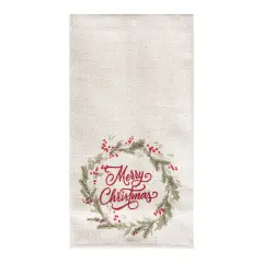 27" x 18" "Merry Christmas" Sentiment Holly Berry Winter Wreath Holiday Embellished Flour Sack Kitchen Dish Towel Decor