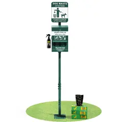 Emma and Oliver Kirk Mini Pet Waste Station with Glow in the Dark Signage, Triple Storage Waste Bag Dispenser, and Hand Sanitizer Bottle - 600 Waste Bags Included Green