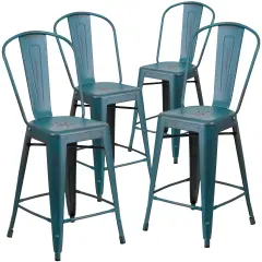 Emma and Oliver Commercial Grade 4 Pack 24" High Distressed Metal Indoor-Outdoor Counter Height Stool with Back Kelly Blue-Teal