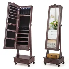 Rolling Floor Standing Mirrored Jewelry Armoire with Lock and Drawers Brown