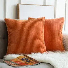MIULEE Pack of 2 Fall Orange Pillow Covers 16x16 Inch Soft Boho Striped Corduroy Throw Pillow Covers Set Decorative Square Cushion Cases Pillowcases for Sofa Bedroom Couch