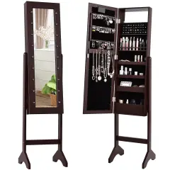 Freestanding Jewelry Organizer Cabinet Armoire with LED Lights and Full Length Mirror Brown