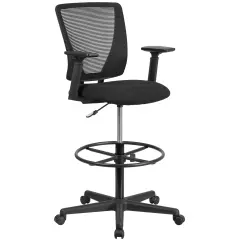 Emma and Oliver Ergonomic Mid-Back Mesh Drafting Chair with Fabric Seat, Adjustable Foot Ring and Arms Black