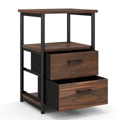 3-Tier Retro Nightstand with 2 Removable Fabric Drawers and Open Shelf