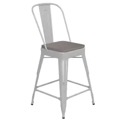 Emma and Oliver Kam Metal Indoor-Outdoor Stool with Removable Back and All-Weather Polystyrene Seat White/Gray