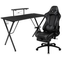 Emma and Oliver Gaming Desk & Chair Set - Cup Holder, Headphone Hook, and Monitor Stand Gray