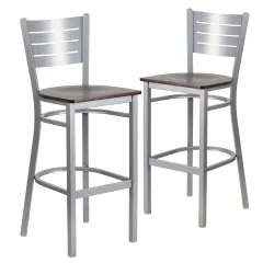 Emma and Oliver 2 Pack Silver Slat Back Metal Restaurant Barstool WalnutWood/Silver