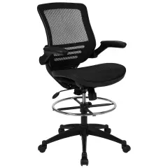 Emma and Oliver Mid-Back Transparent Mesh Drafting Chair with Flip-Up Arms BlackMesh/BlackFrame