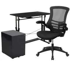 Emma and Oliver Work From Home Kit-Adjustable Desk, Ergonomic Mesh Office Chair, Filing Cabinet Black