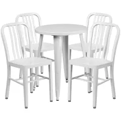 Emma and Oliver Commercial Grade 24" Round Metal Indoor-Outdoor Table Set & 4 Slat Back Chairs White