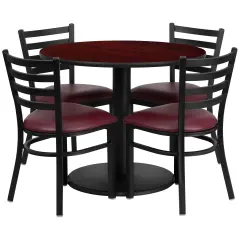Emma and Oliver 36" Round Laminate Table Set with 4 Ladder Back Metal Chairs Mahogany/BurgundyVYL