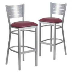 Emma and Oliver 2 Pack Silver Slat Back Metal Restaurant Barstool BurgundyVinyl/Silver