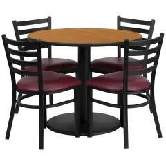 Emma and Oliver 36" Round Laminate Table Set with 4 Ladder Back Metal Chairs Natural/BurgundyVYL