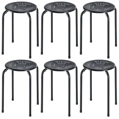 Set of 6 Stackable Multifunctional Daisy Design Backless Round Metal Stool Set Black