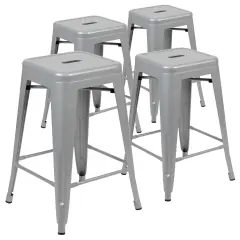 Emma and Oliver 4 Pack 24" High Metal Indoor Counter Bar Stool - Stackable Stool Silver