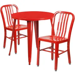 Emma and Oliver Commercial Grade 30" Round Metal Indoor-Outdoor Table Set & 2 Slat Back Chairs Red
