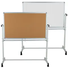 Emma and Oliver Reversible Mobile Cork Bulletin Board and White Board Stand with Pen Tray