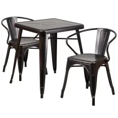 Emma and Oliver Commercial Grade 23.75" Square Metal Indoor-Outdoor Table Set with 2 Arm Chairs Black-Antique Gold