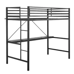 Emma and Oliver Jensen Metal Loft Bed Frame with Desk, Protective Guard Rails and Ladder for Kids, Teens and Adults Black