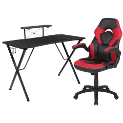 Emma and Oliver Gaming Desk and Racing Chair Set with Headphone Hook, and Monitor Stand Red