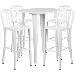 Emma and Oliver Commercial 30" Round Metal Indoor-Outdoor Bar Table Set & 4 Slat Back Stools White