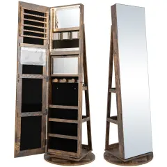 360 Degree Full Length Mirror Jewelry Armoire Cabinet with 3-Color LED Lights and Lockable Door Brown