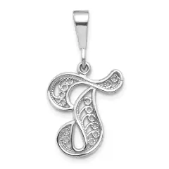 14K White Gold Polished Filigree Initial T Pendant Jewerly 27.4mm x 15mm