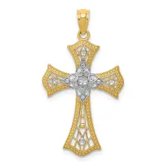 14K Gold Rhodium Plated Two Tone Diamond Cut Cross Pendant Charm 28mm x 18mm