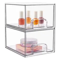 2 Pack Stackable Makeup Organizer Storage Drawers, Vtopmart 4.4'' Tall Acrylic Bathroom Organizers，Clear Plastic Storage Bins For Vanity, Undersink, Kitchen Cabinets, Pantry Organization and Storage