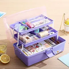 12'' Three-Layer Clear Plastic Storage Box/Tool Box, Multipurpose Organizer and Portable Handled Storage Case for Art Craft and Cosmetic (Purple)