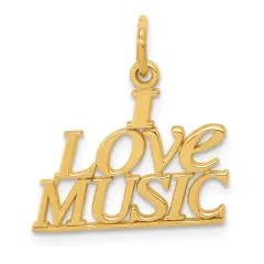 14K Gold I Love Music Charm Musician Musical Pendant Jewerly 20mm x 17mm