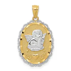 14K Two Tone Gold Guardian Angel Pendant Charm Jewerly 26mm x 16mm