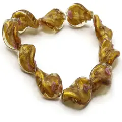 10 20mm Golden Yellow with Pink and Green Flower Lampwork Glass Flat Oval Twist Beads